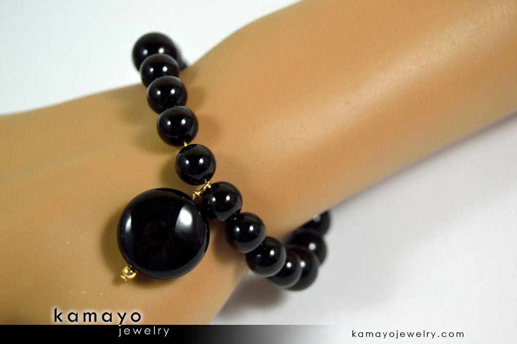 BLACK ONYX BRACELET - Coin Pendant and Round Beads