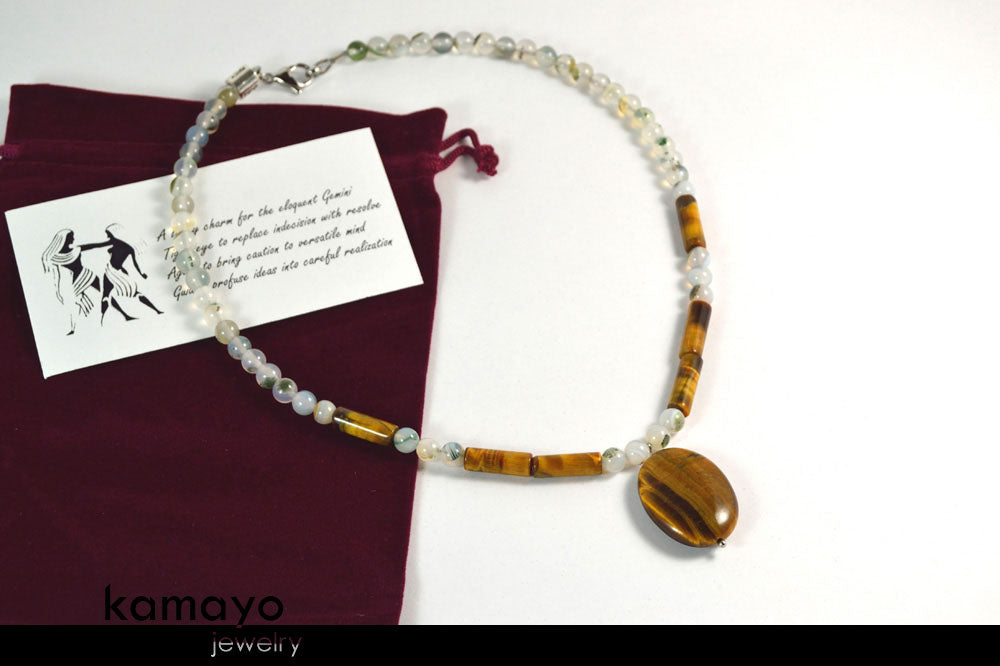 GEMINI NECKLACE - Tiger Eye Pendant and Grey Agate Beads