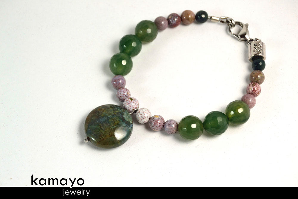 AQUARIUS BRACELET - Green Moss Agate Pendant and Mookaite Jasper Beads