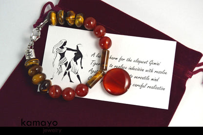 GEMINI BRACELET - Red Agate Pendant and Tiger Eye Beads