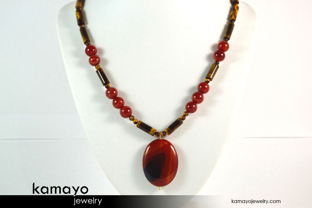 GEMINI NECKLACE - Large Oval Red Agate Pendant and Tiger Eye Beads