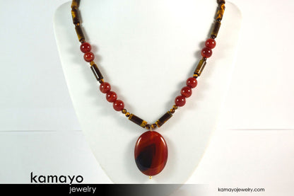 GEMINI NECKLACE - Large Oval Red Agate Pendant and Tiger Eye Beads