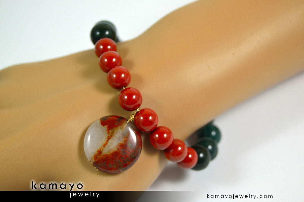 ARIES BRACELET - Coin Red Jasper Pendant and Green Jasper Beads