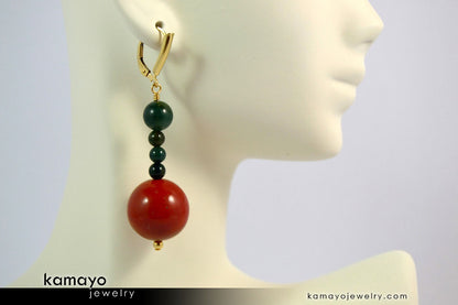 ARIES EARRINGS - Large Red Jasper Ball and Small Green Jasper Beads