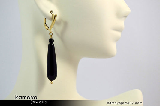 BLACK ONYX EARRINGS - Long Drop Ear Rings for Women