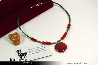 ARIES NECKLACE - Coin Red Jasper Pendant and Green Jasper Beads