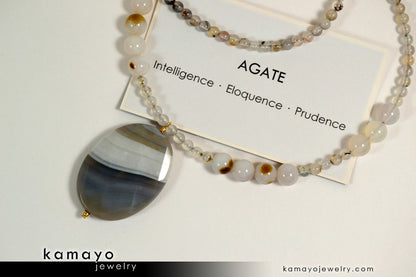 BOTSWANA AGATE NECKLACE - Large Grey Botswana Agate Pendant and Round Beads