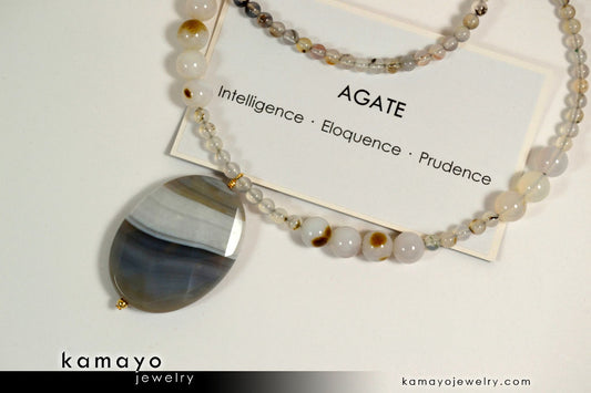 BOTSWANA AGATE NECKLACE - Large Grey Botswana Agate Pendant and Round Beads