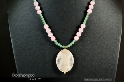 TAURUS NECKLACE - Large Rose Quartz Pendant and Green Aventurine Beads
