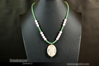 TAURUS NECKLACE - Large Rose Quartz Pendant and Green Aventurine Beads