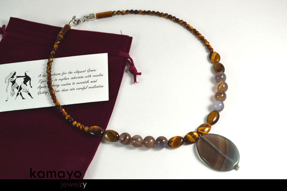 GEMINI NECKLACE - Large Oval Botswana Agate Pendant and Tiger Eye Beads