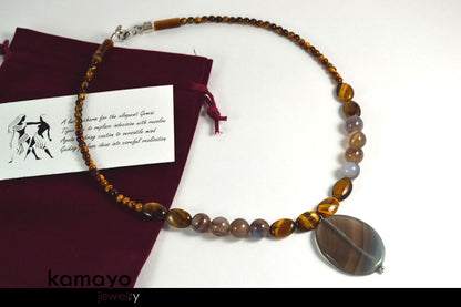 GEMINI NECKLACE - Large Oval Botswana Agate Pendant and Tiger Eye Beads