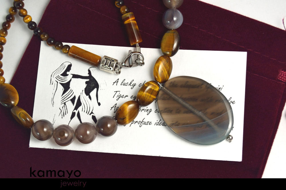 GEMINI NECKLACE - Large Oval Botswana Agate Pendant and Tiger Eye Beads