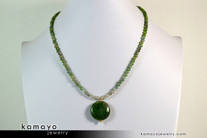 GREEN MOSS AGATE NECKLACE - Coin Pendant and Round Beads
