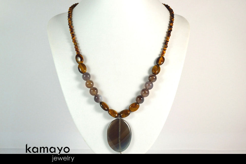 GEMINI NECKLACE - Large Oval Botswana Agate Pendant and Tiger Eye Beads