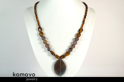 GEMINI NECKLACE - Large Oval Botswana Agate Pendant and Tiger Eye Beads