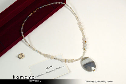 BOTSWANA AGATE NECKLACE - Large Grey Botswana Agate Pendant and Round Beads