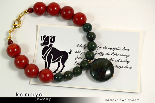 ARIES BRACELET - Coin Green Jasper Pendant and Red Jasper Beads