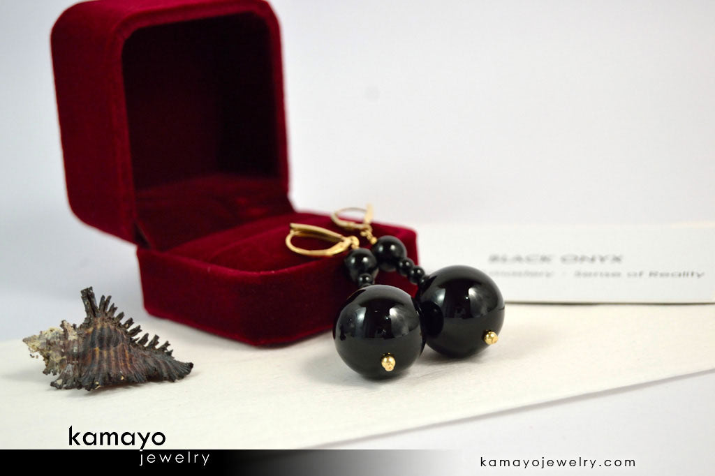 BLACK ONYX EARRINGS - Beaded Dangle Ear Rings for Women