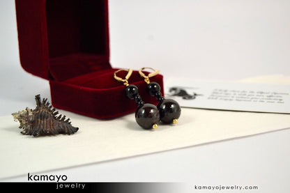 CAPRICORN EARRINGS - Large Dark Red Garnet Ball and Small Black Onyx Beads