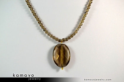 SMOKY QUARTZ NECKLACE - Faceted Oval Pendant and Round Beads