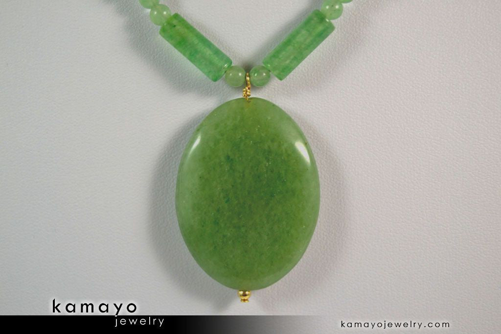 GREEN AVENTURINE NECKLACE - Large Oval Aventurine Pendant and Round Beads