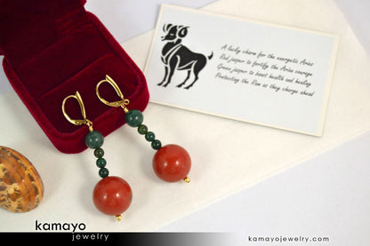 ARIES EARRINGS - Large Red Jasper Ball and Small Green Jasper Beads