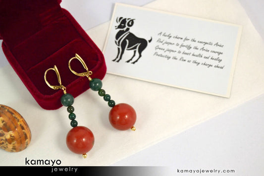 ARIES EARRINGS - Large Red Jasper Ball and Small Green Jasper Beads