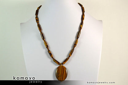 TIGER EYE NECKLACE - Large Oval Yellow Pendant and Golden Beads