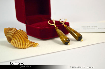 TIGER EYE EARRINGS - Long Drop Ear Rings for Women