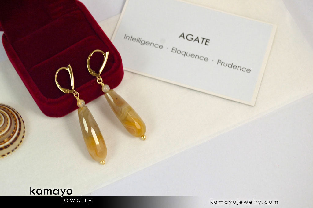 YELLOW AGATE EARRINGS - Long Drop Ear Rings for Women