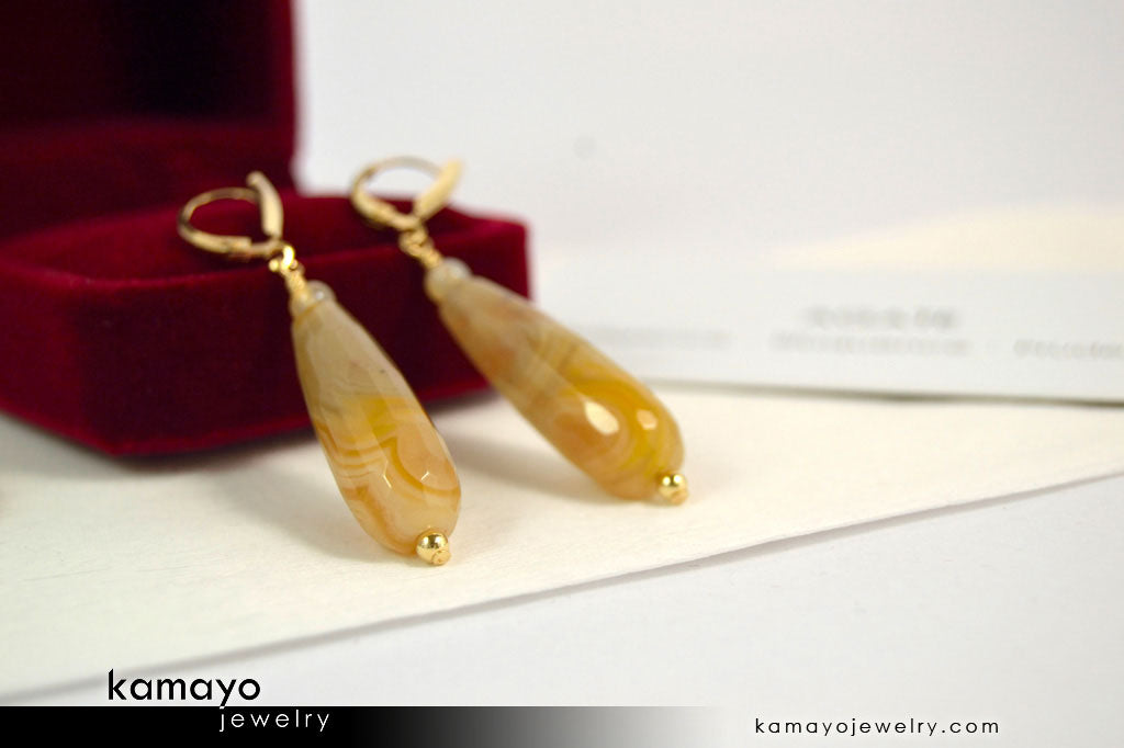 YELLOW AGATE EARRINGS - Long Drop Ear Rings for Women