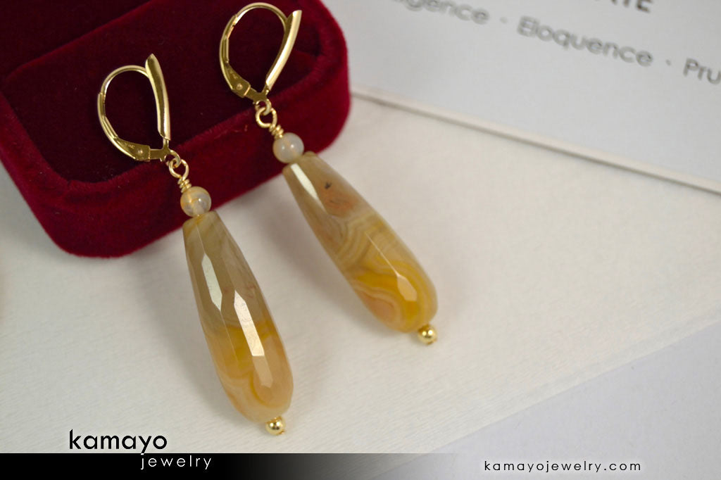 YELLOW AGATE EARRINGS - Long Drop Ear Rings for Women