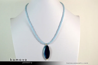 BLUE AGATE NECKLACE - Long Oval Blue Agate Pendant