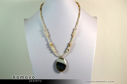 BOTSWANA AGATE NECKLACE - Large Grey Botswana Agate Pendant and Round Beads