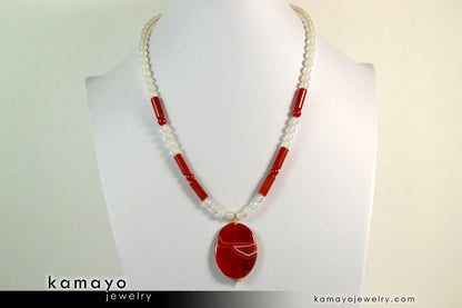 SARDONYX NECKLACE - Large Oval Red Sardonyx Pendant and White Onyx Beads