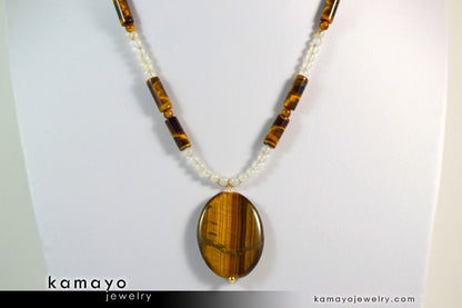 GEMINI NECKLACE - Large Tiger Eye Pendant and Botswana Agate Beads