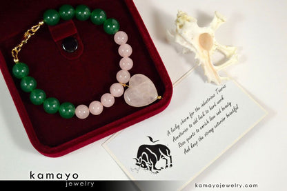 TAURUS BRACELET - Heart Rose Quartz Pendant and Green Aventurine Beads