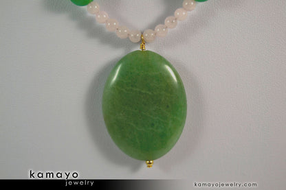 TAURUS NECKLACE - Large Green Aventurine Pendant and Rose Quartz Beads