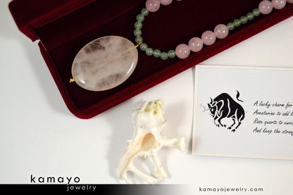 TAURUS NECKLACE - Large Rose Quartz Pendant and Green Aventurine Beads