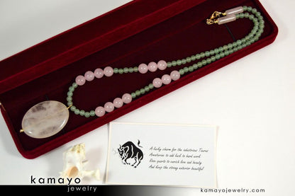TAURUS NECKLACE - Large Rose Quartz Pendant and Green Aventurine Beads