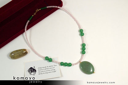 TAURUS NECKLACE - Large Green Aventurine Pendant and Rose Quartz Beads