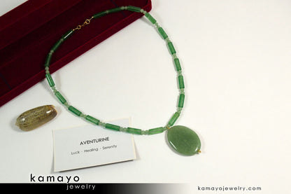 GREEN AVENTURINE NECKLACE - Large Oval Aventurine Pendant and Round Beads