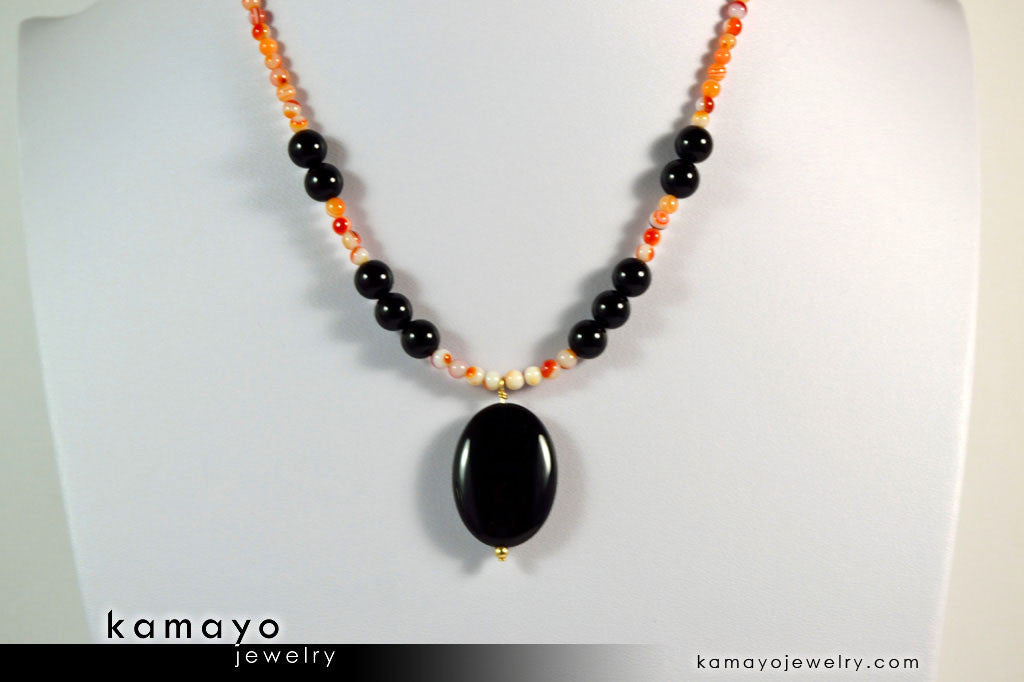 LEO NECKLACE - Black Onyx Pendant and Sardonyx Beads