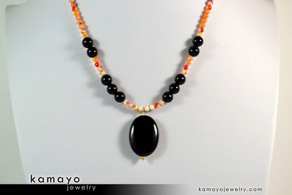 LEO NECKLACE - Black Onyx Pendant and Sardonyx Beads