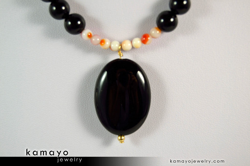 LEO NECKLACE - Black Onyx Pendant and Sardonyx Beads