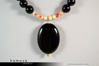 LEO NECKLACE - Black Onyx Pendant and Sardonyx Beads