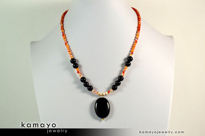 LEO NECKLACE - Black Onyx Pendant and Sardonyx Beads