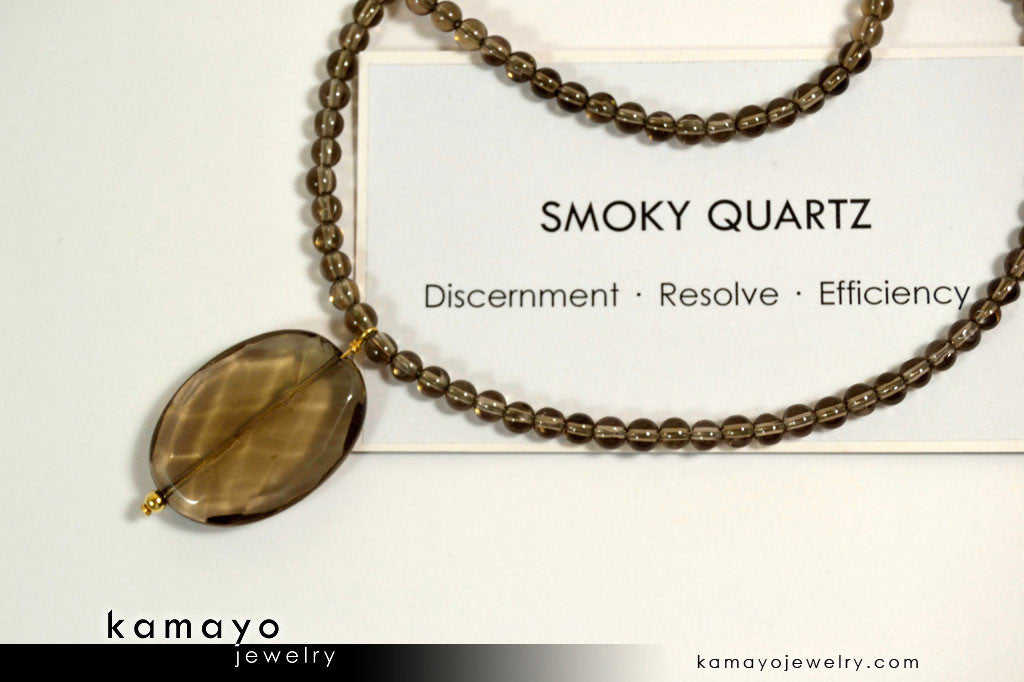 SMOKY QUARTZ NECKLACE - Faceted Oval Pendant and Round Beads