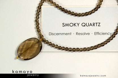 SMOKY QUARTZ NECKLACE - Faceted Oval Pendant and Round Beads